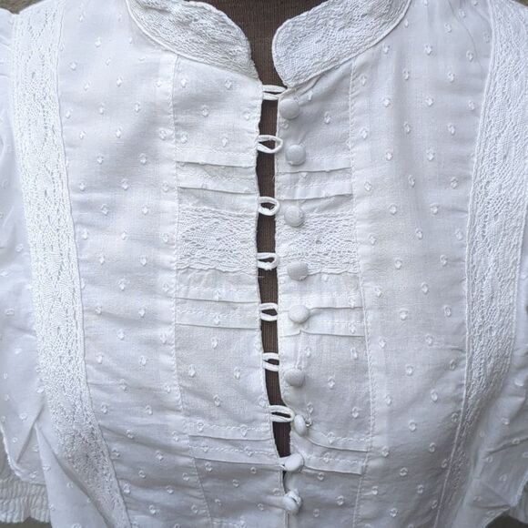 Bardot Ruffled Dress MED Babydoll Tiered Lace Pin Tucks Bridgerton Fairy - Picture 14 of 16